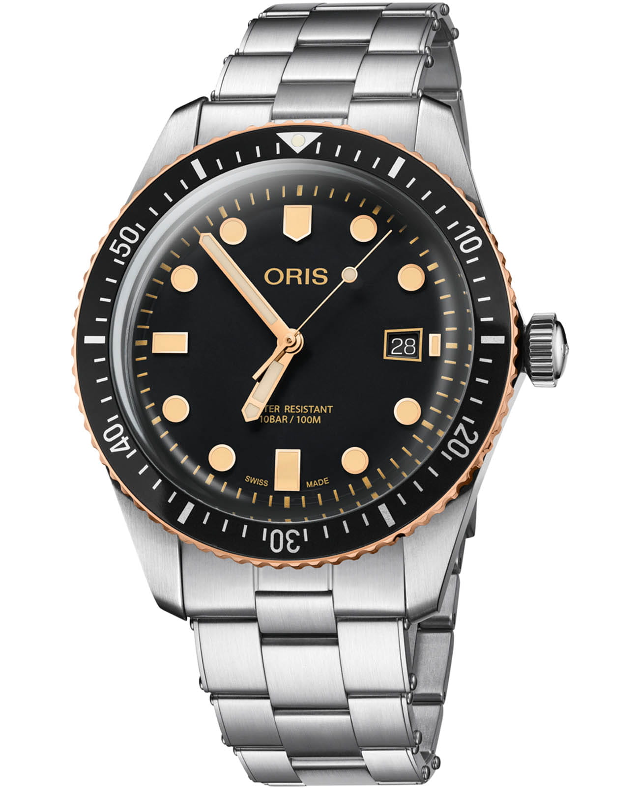 Oris Oris Divers Sixty‑Five 01 733 7720 4354-07 8 21 18  01 733 7720 4354-07 8 21 18 механические мужские часы черный циферблат, браслет нержавеющая сталь — вид спереди